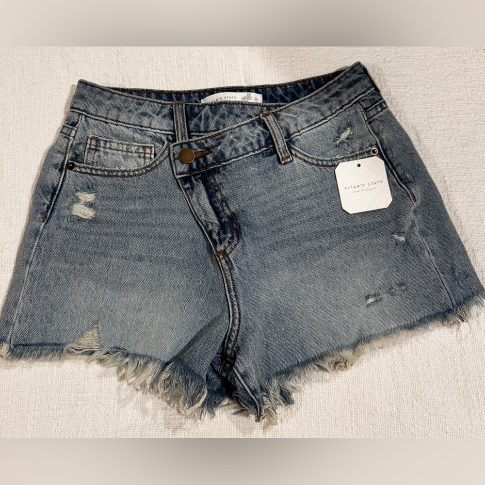 Altar'd State Medium Wash Crossover Jean Shorts